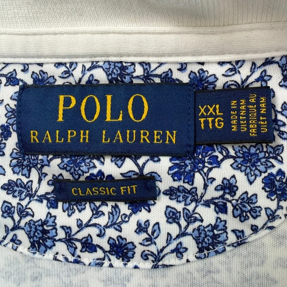 Polo Ralph Lauren Mens Floral Classic Fit Polo Shirt Sz XXL Blue White Cotton